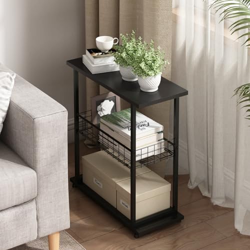 PROXRACER 3-Tier Narrow Side Table with Storage Shelf, Slim Skinny End Table with Wire Basket, Industrial Sofa Side Table for Small Spaces, for Living Room, Bedroom, Black - color: Black, size: No Fence