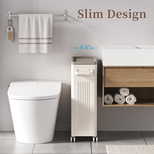 HAIXIN HOME Slim Laundry Hamper with Lid, 50L Plastic Tall Laundry Basket with Wheels, Compact Size for Narrow Space, Rolling Laundry Cart with Handle for Easy Transport to Laundry Room (2 Pack) - color: Milky, size: 50L - 2 Pack