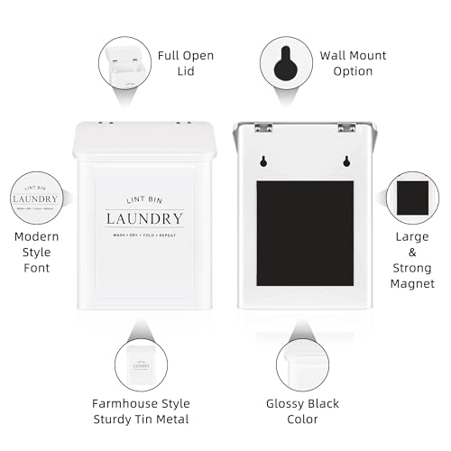 Magnetic Lint Bin for Laundry Room, Metal Lint Container with Lid and Brush, Wall Mounted Lint Box for Dryer, Farmhouse Laundry Room Decor, White - color: White, size: Pattern 2