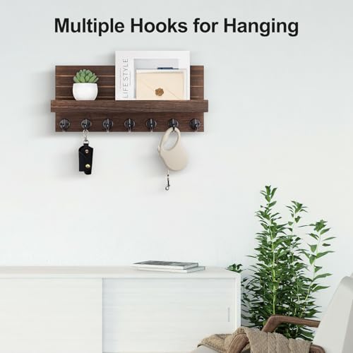 Lwenki Key Holder Wall Mount, Entryway Key and Mail Holder with 7 Sturdy Hooks for Sunglasses, Dog Leash, Decorative Wall Shelf with Mounting Hardware, 15”W x 6.7”H x 4.2”D (Brown) - color: Brown
