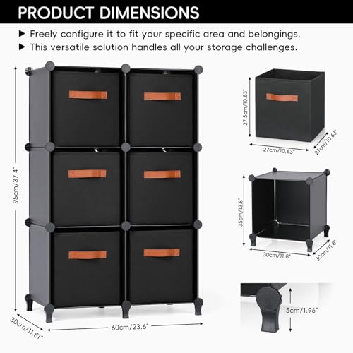 Cube Storage Organizer with Storage Bins, 6-Cube Shelves Units with 6 Organizer Bins, DIY Plastic Storage Shelves with Mallet, Closet Clothes Storage Shelves for Home, Bedroom, Living Room