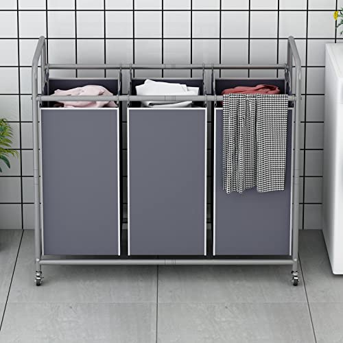 LINZINAR 3-Bag Laundry Sorter,Laundry Hamper Cart with Heavy Duty Rolling Lockable Wheels and Removable Bags (Grey) - size: 3 Bags Grey