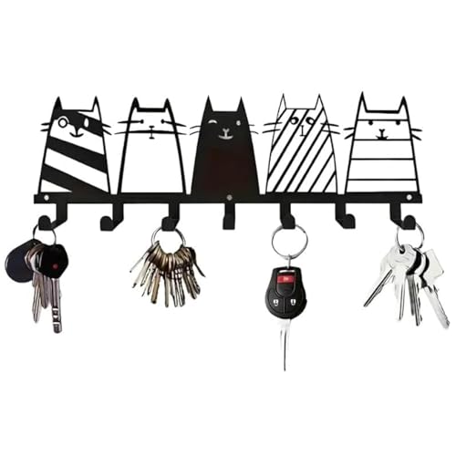 Key Holder Wall Mounted with Screws and Anchors, Black Multifunctional Key Hanger with 7 Hooks, Entryway Front Door Kitchen Hallway Garage Office - color: 5 Cats Black