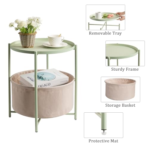 danpinera Round Side Table with Fabric Storage Basket, Metal Side Table Small Bedside Nightstand with Removable Tray Top for Living Room, Bedroom, Nursery, Laundry, Light Green - color: Light Green