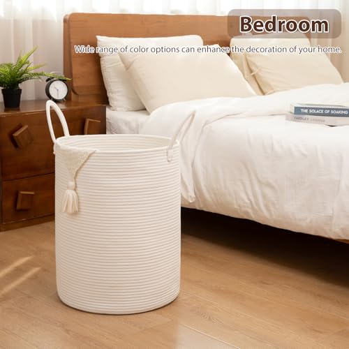 OIAHOMY Large Laundry Basket Hamper - 60L Cotton Rope Woven Basket for Blankets, Toys, Clothes - Tall Decorative Nursery Hamper with Long Handles, White - color: White, size: 60L