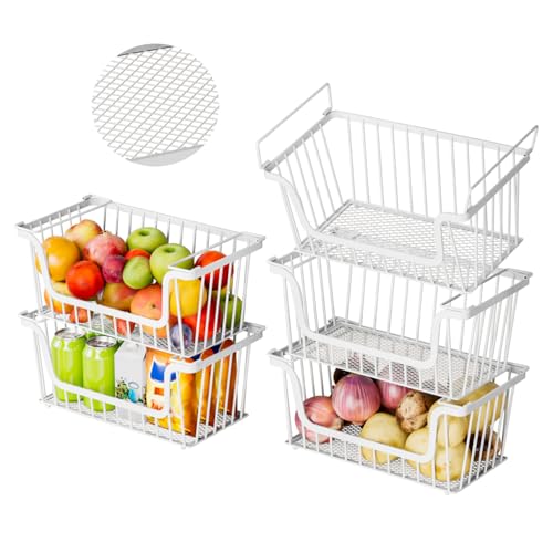 5 Pack Enhanced Leak-Proof Bottom Stackable Wire Baskets, Pantry Organizers and Storage, pantry storage，Shelf Baskets, Fruit Basket, Potato and Onion Storage Bins，(White) - color: 5Pack-White Baskets