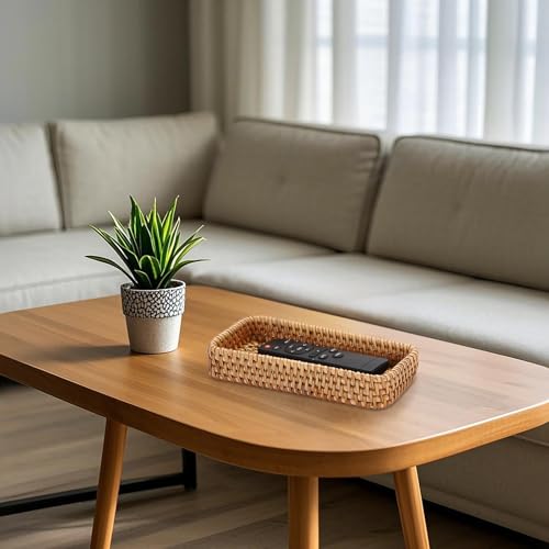 BTSKY Small Remote Basket for Coffee Table Entryway Living Room Rattan Serving Tray 8.3” x 4.7” Handwoven Wicker Baskets Decorative Tray for Wallet Remote Control Trinkets Rings Cosmetics Crackers - color: Natural, size: 8.3 x 4.7 x 1.6 inches