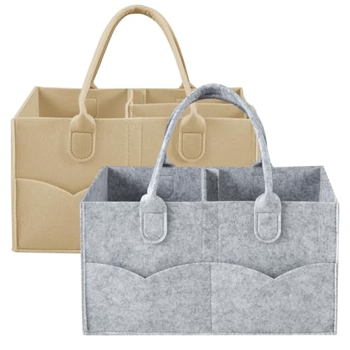 PandaEar 2 Pack Baby Diaper Caddy Organizer, Portable Diaper Holder Nursery Storage Basket for Wipes & baby stuff, Collapsible Baby Organizers with Divided Design (Grey/Brown) - color: Grey/Brown