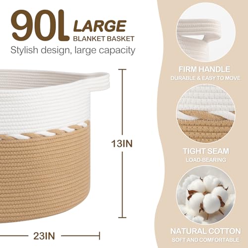 OIAHOMY 90L Blanket Basket for Living Room, Large Basket 23" x 23" x 13" with Handle, Laundry Hamper for Blankets, Pillows, Toy Storage for Kids, Dogs - Yellow & White - color: Yellow & White, size: 23" x 23" x 13"