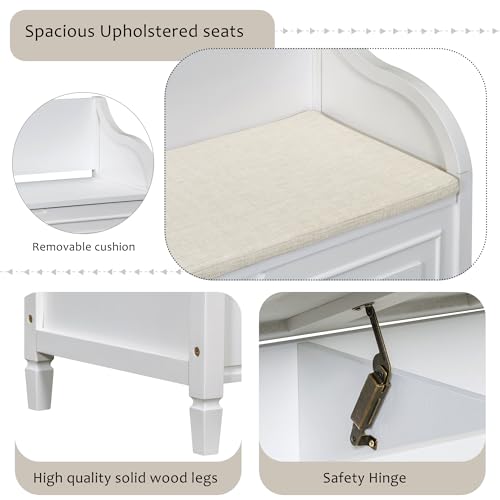 Knocbel Rustic Entry Storage Bench with Hidden Compartments and Removable Cushion, Wooden Entryway Hallway Foyer Shoe Bench Bedroom End of Bed Bench (White and Beige) - color: White and Beige