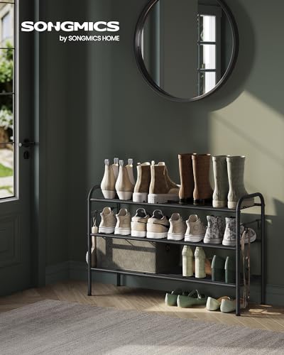 SONGMICS Shoe Rack, 3-Tier Shoe Organizer, Metal Shoe Shelf Storage with 4 Side Hooks, Holds 16 Pairs of Shoes, Height-Adjustable Shoe Rack for Entryway, Hallway, Closet, Ink Black ULMR138B01 - color: Ink Black, size: 3 Tiers (33.5"W)