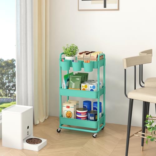 JIUYOTREE 3-Tier Plastic Rolling Storage Cart Utility Cart with Extra Hanging Cups Handles Lockable Wheels for Living Room Bathroom Kitchen Office Green - color: Green, size: 3-Tier