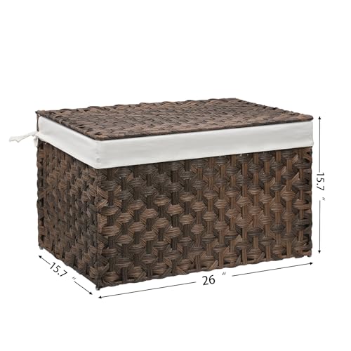 Wicker Storage Basket with Lid, 27.7 Gallon (105L) Large Blanket Basket with Lid, Woven Storage Bin with Handles, Removable Liner, Metal Frame, Foldable, for Bedroom, Laundry Room, Brown - color: Brown, size: 105L:15.7 x 26 x 15.7 Inches