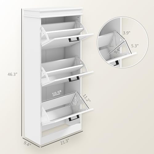 HOMCOM Shoe Storage Cabinet with 3 Flip Drawers, Freestanding Narrow Shoe Cabinet with Adjustable Shelves, Slim Hidden Rack Organizer for Entryway, Hallway, White