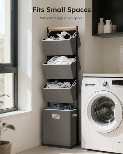 SOLEDI 4 Section Laundry Hamper Sorter, Stackable Laundry Basket Organizer with Removable Basket, 125L 4-Tier Vertical Laundry Sorter for Small Space, Laundry Room, Dorm, Bathroom, Wardrobe Grey - color: Grey