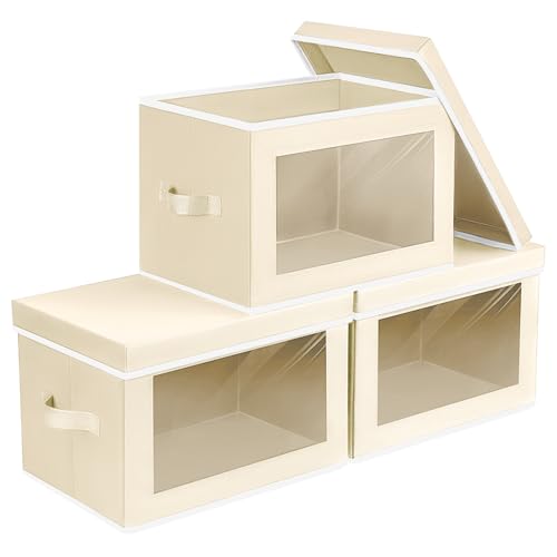 Homsorout Fabric Storage Bins with Lids, Storage Cubes with Window, Decorative Storage Boxes Baskets for Organizing, Closet Organizer Storage Bins for Home, Office, 3 Packs, Beige - color: Beige, size: L(3-Pack)