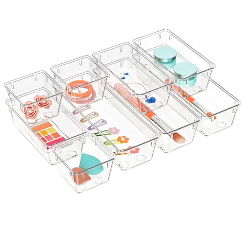 WOWBOX 9 Pack Clear Drawer Organizer Set, Acrylic Drawer Storage Trays, Storage Bins for Makeup, Cosmetics, Jewelries, Utensils, Gadgets, Office - color: Clear, size: 9 PCS