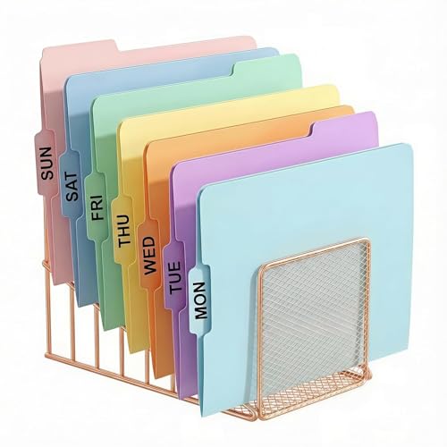 Simmer Stone Rose Gold Desk Organizer 7 Slot Inclined Vertical File Folder Holder Sorter with Mesh Front – Metal Wire Rack for Mail, Slim Binders, Books Office Organization & Desktop Accessories - color: Rose Gold