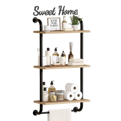 Tinpin Bathroom Shelves Wall Mounted, 3-Tier Rustic Wood Wall Shelf, 17.3 inch Industrial Pipe Floating Shelf for Bathroom,Kitchen,Bedroom,Living Room,Brown - color: Brown, size: 3 tier
