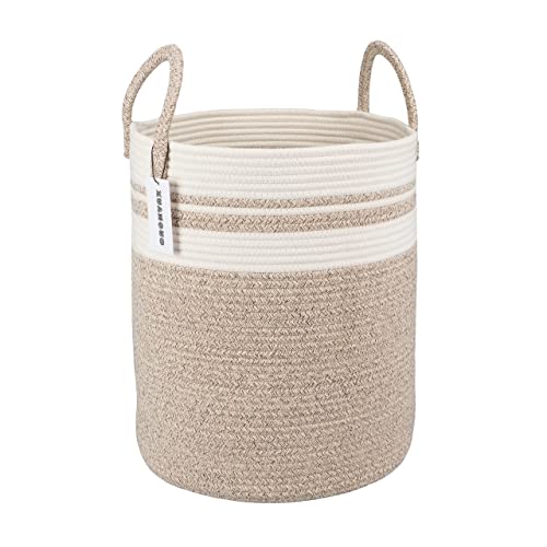 XUANGUO Cotton Rope Laundry Basket Hamper for Clothes Woven Storage Basket for Living Room Bedroom Boho Tall Rope Baskets for Blanket Toys Pillow Towels Baby Nursery Hamper Bin Large brown and white - color: brown and white, size: Regular