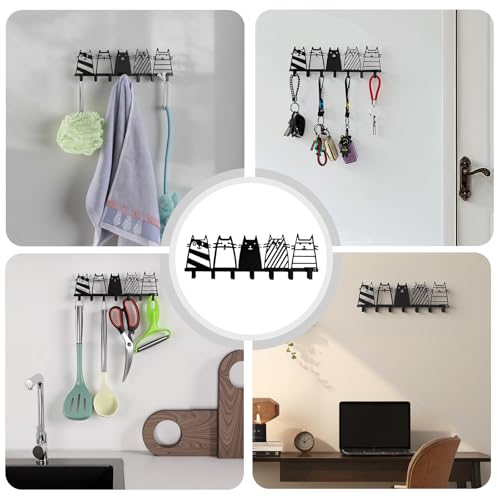 Key Holder Wall Mounted with Screws and Anchors, Black Multifunctional Key Hanger with 7 Hooks, Entryway Front Door Kitchen Hallway Garage Office - color: 5 Cats Black