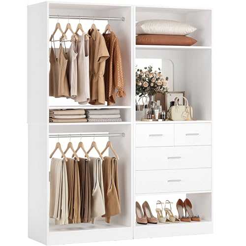 Unikito 50” Closet System with 4 Drawers, 4.2FT Wood Closet Organizer with Hanging Rods and Mirror, Reversible Small Walk in Closet Wardrobe, Adjustable Sturdy Clothes Garment Rack, Set of 2, White - color: White, size: 50 Inch