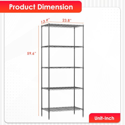 BestOffice | 5-Tier Wire Storage Shelves | 14 x 24 x 60 | Black | with Adjustable Racks | Metal Shelf, Holds Upto 500 lbs | No-Tool Assembly | Ideal for Home & Garage Shelving - color: Black, size: 14"D x 24"W x 60"H（Adjustable）