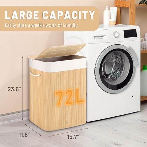 Aliphon 72L Slim Laundry Hamper with Lid, Foldable Bamboo Clothes Laundry Basket with Handles, Removable and Machine Washable Liner, for Bedroom, Bathroom, Dorm, Natural Beige - color: Natural Beige, size: 72L
