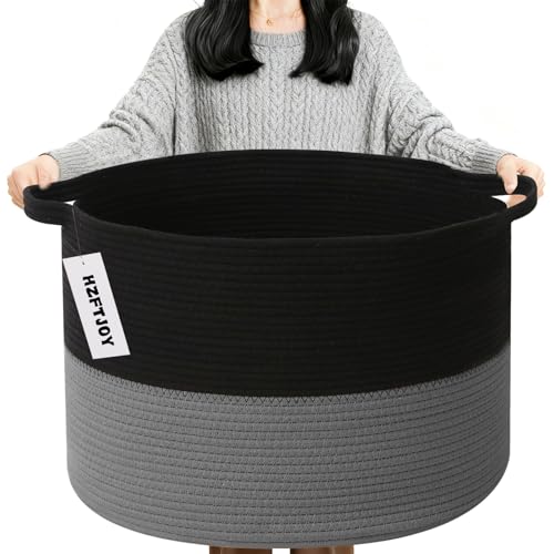 90L Extra Large Blanket Basket,Woven Laundry Basket Hamper with Handles, Decorative Nursery Basket Storage Bin for Toys, Clothes Organizer, Living Room, Bedroom, Bathroom, Black&Dark Grey - color: Black&Dark Grey, size: 21.7"L x 21.7"W x 13.8"H（90L)