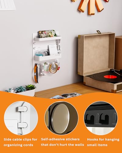 JWShang Bedside Wall Shelf - Adhesive Nightstand Organizer with Hooks and Cable Clips for Earphone Key Remote, Wall Mounted Storage for Bedroom, Dorm, RV, Rental (Black) - color: Black