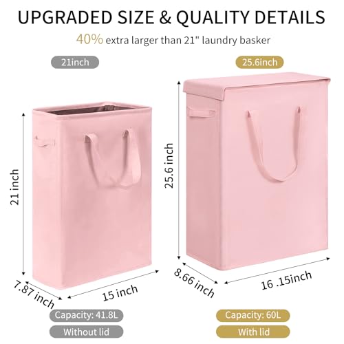 Chrislley 60L Slim Laundry Hamper with Lid Narrow Laundry Basket with Handle Upgrade Foldable Dirty Clothes Hamper Portable Skinny Hamper Organizer Storage Bins (25.6 inches, pink) - color: pink