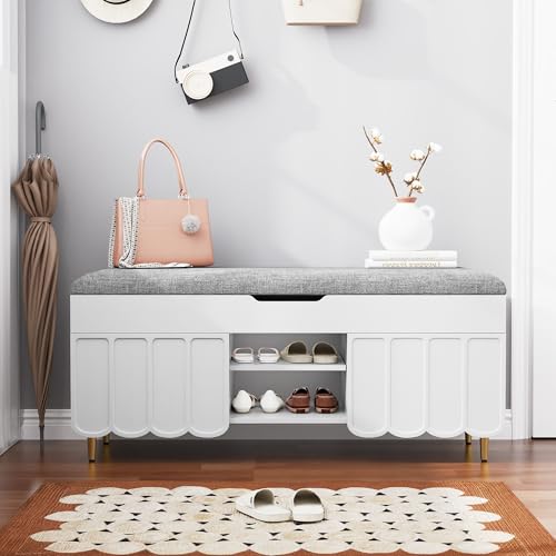 3More 40" Entryway Shoe Storage Bench,Upholstered Hidden Space Beneath Seat Cushion Bench,2-Tier Unique Geometric Shape with Wood Grain,White - color: White