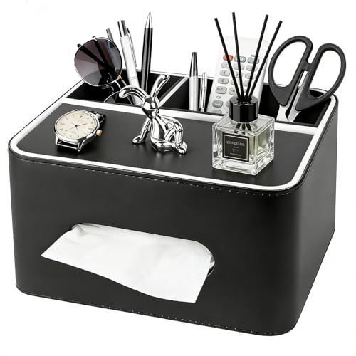 PU Leather Tissue Box Cover Square - Multifunctional Tissue Box Holder with Storage, Tissue and Remote Control Holder Organizer with Compartments for Bedroom Nightstand, Desk, Living Room (Black) - color: Black