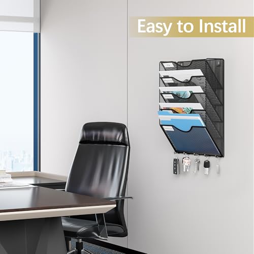 EasyPAG 5 Pocket Mesh Wall File Organizer with Key Hooks, Hanging Paper Folder Holder with Classify Label, Vertical Wall Mount Mail Organizer for Office Home Classroom, Black - color: Black with Hooks, size: 5 Tier