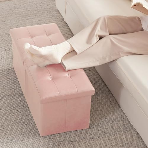 HAUSFRAU 31.5 Inches Ottoman with Storage Bench, Folding Ottoman Bench Small Foot Rest Stool, Bedroom Bench with Flipping Lid, Faux Leather Pale Pink - color: Pale Pink, size: 13"D x 31.5"W x 13"H