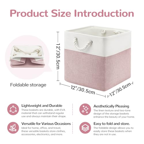 12 x 12 Inch Cube Storage Bins, 4 Pack Fabric Storage Basket with Handles, Foldable Boxes Organizer for Shelf Baskets for Home, Clothes (White/Pink) - color: WhitePink, size: 12inX12inX12in-4P