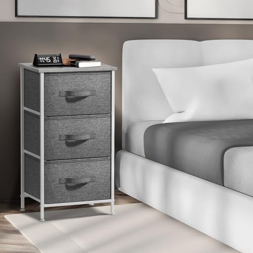 Sorbus Nightstand with 3 Drawers - Bedside Furniture & Night Stand End Table Dresser with Steel Frame, Wood Top, Easy Pull Fabric Bins for Home, Bedroom Accessories, Office & Dorm - color: Grey, style: 3 Drawer