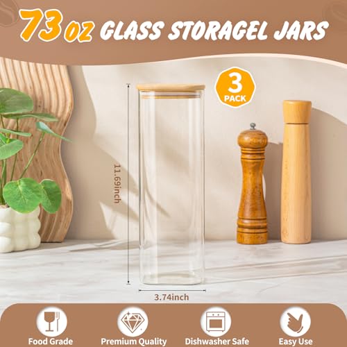 SENTVEND 73 Oz Glass Storage Jars with Bamboo Lids - 3 Pack Clear Glass Canisters Square Airtight Stackable Ideal for Pantry Storage Containers Great for Storing Oats Coffee Beans Pasta Flour Rice etc - color: 73 OZ-Clear