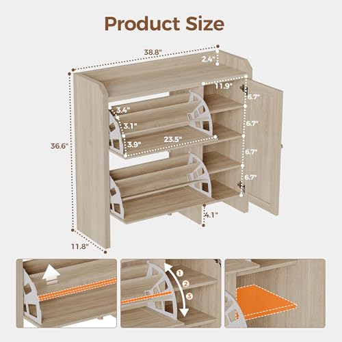 Mericonia Shoe Cabinet Storage for Entryway with 2 Flip Drawers(3-Tier), Rattan Freestanding with Door & 3 Adjustable Shelve,Hidden Shoe Rack Organizer for Hallway, Foyer - color: Oak, size: Flip Drawers 2 & Door 1