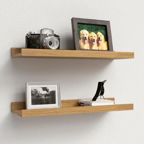 Boswillon Floating Shelves Set of 2, Modern Wall Shelves with Lip, Display Picture Ledge for Bedroom, Living Room, Bathroom, Kitchen - Oak - color: Oak, size: 15.7 In