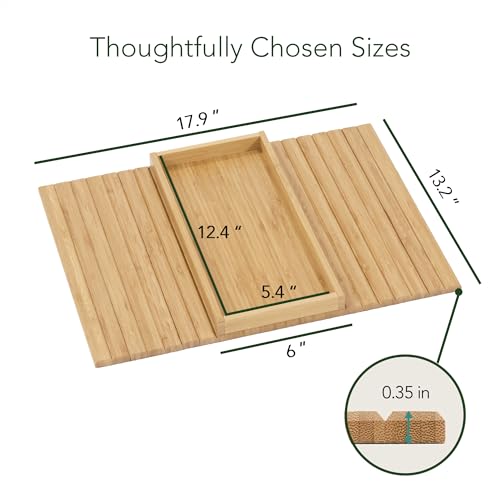 DETOR Couch Tray with Spacious 12.4" x 5.4" Storage Box, Natrual Bamboo Finish, Enhanced Non-Slip Felt Bottom, Sturdy Bamboo Slats, Fits Armrests 6" and Wider - color: Natural
