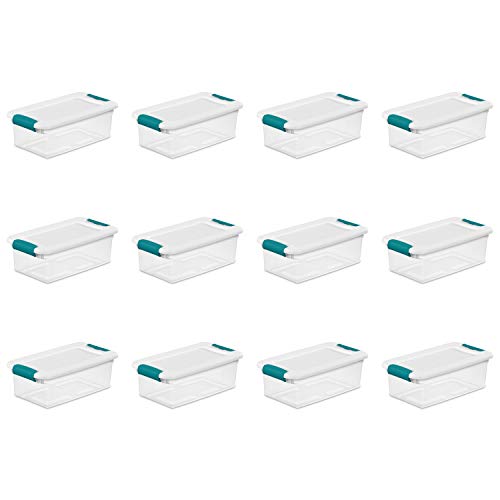 Sterilite 6 Qt Latching Storage Box, Stackable Bin with Latch Lid, Plastic Container to Organize Shoes on Closet Shelf, Clear with White Lid, 12-Pack