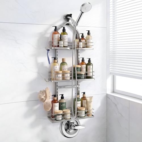 Adjustable Hanging Shower Caddy for Handheld Showerhead, 3-Tier Rustproof Shower Rack Baskets, Anti-Swing Hanging Shower Organizer for Bathroom Storage with 2 S-Hooks, Large Capacity, Silver - color: 3-Tier Silver