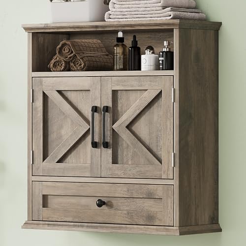 Bathroom Wall Cabinet, Wall Mounted Medicine Cabinet with Drawer, Barn Door & Adjustable Shelf, 24.4"H x 23.6"W x 9"D Grey Over Toilet Farmhouse Storage Cabinet for Kitchen, Laundry, Entryway - color: Grey, size: 24.4"H x 23.6"W x 9"D