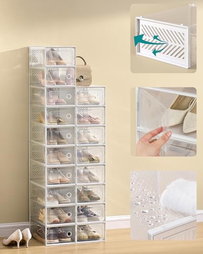 SONGMICS Stackable Shoe Boxes, Foldable Shoe Storage Organizers, Ventilated, for Max. Men's Shoes US Size 9 or Women's Shoes US Size 11, Sneakers, Set of 18, Transparent and White ULSP106W18V2 - color: Transparent + White, size: 18 Count