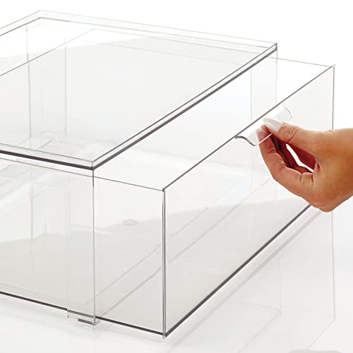 mDesign Plastic Stackable Bathroom Storage Organizer Bin Containers with Front Pull Drawer for Bathroom Countertop, Vanity, Closet Shelves - Holder for Accessories, Lumiere Collection, Set of 3, Clear - size: Mixed Sizes (Pack of 3)