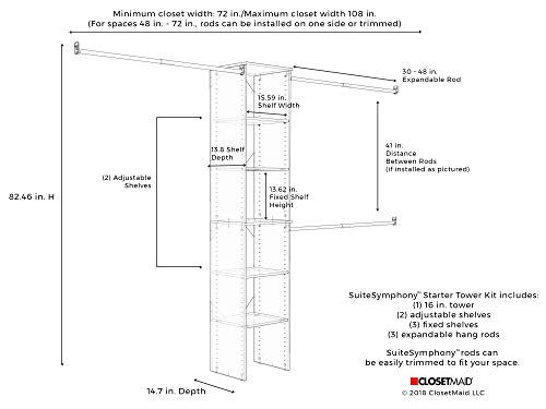 ClosetMaid SuiteSymphony Wood Closet Organizer Starter Kit with Tower and 3 Hang Rods, Shelves, Adjustable, Fits Spaces 4 – 9 ft. Wide, Natural Gray - color: Natural Gray, style: Starter Tower Kit