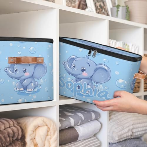 Custom Storage Basket with Name, Personalized Storage Bins with Zipper Lid, Foldable Fabric Storage Box Large capacity with Handle Bubble Elephant - color: Option 18