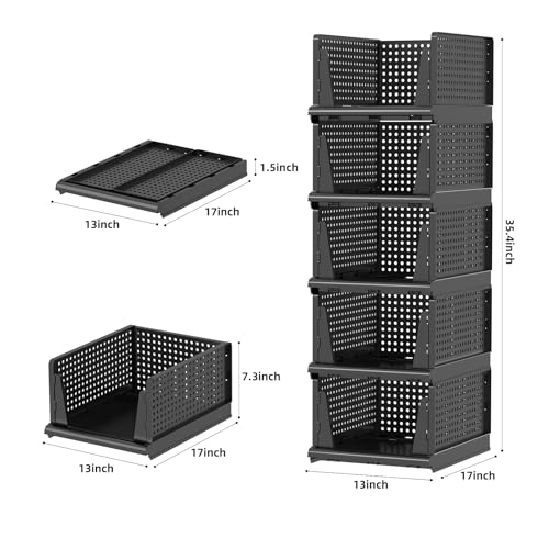 Folding Closet Organizer and Storage for Shelves, 5 Pack Stackable Plastic Storage Basket for Closet, Top Bottom of Closet Organizer, Drawers Organizer for RV, Camper, Pants, Clothes, Office - color: Black