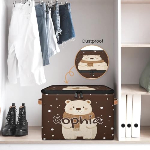 Custom Storage Basket with Name, Personalized Storage Bins with Zipper Lid, Foldable Fabric Storage Box Large capacity with Handle Scarf Bear - color: Option 2